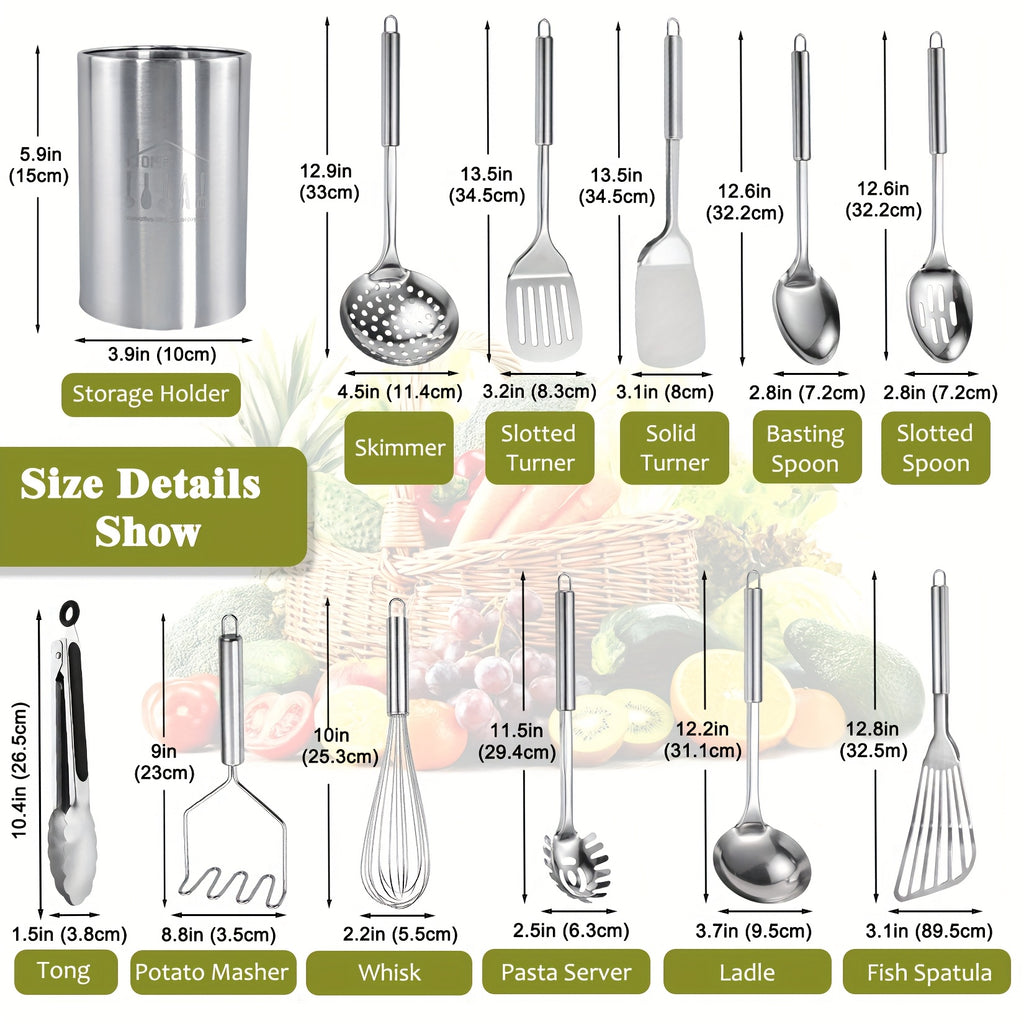 Stainless Steel Kitchen Utensils Set 12-Piece with Holder - Heat Resistant Cooking Utensils Set with Spatula, Ladle, Tongs, Whisk, Skimmer & More, Dishwasher Safe Metal Kitchen Tool Set