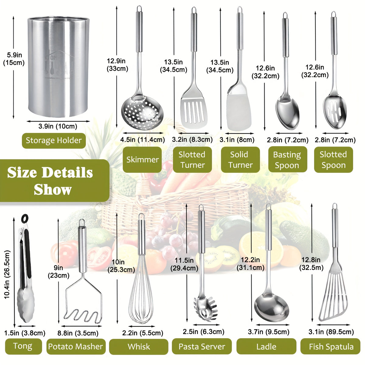 Stainless Steel Kitchen Utensils Set 12-Piece with Holder - Heat Resistant Cooking Utensils Set with Spatula, Ladle, Tongs, Whisk, Skimmer & More, Dishwasher Safe Metal Kitchen Tool Set
