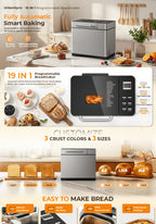 Bread Maker Machine 19-in-1 with Auto Nut & Fruit Dispenser, Ceramic Non-Stick Pan, Clear Viewing Window, 15-Hour Timer – Up to 2 LB Loaf
