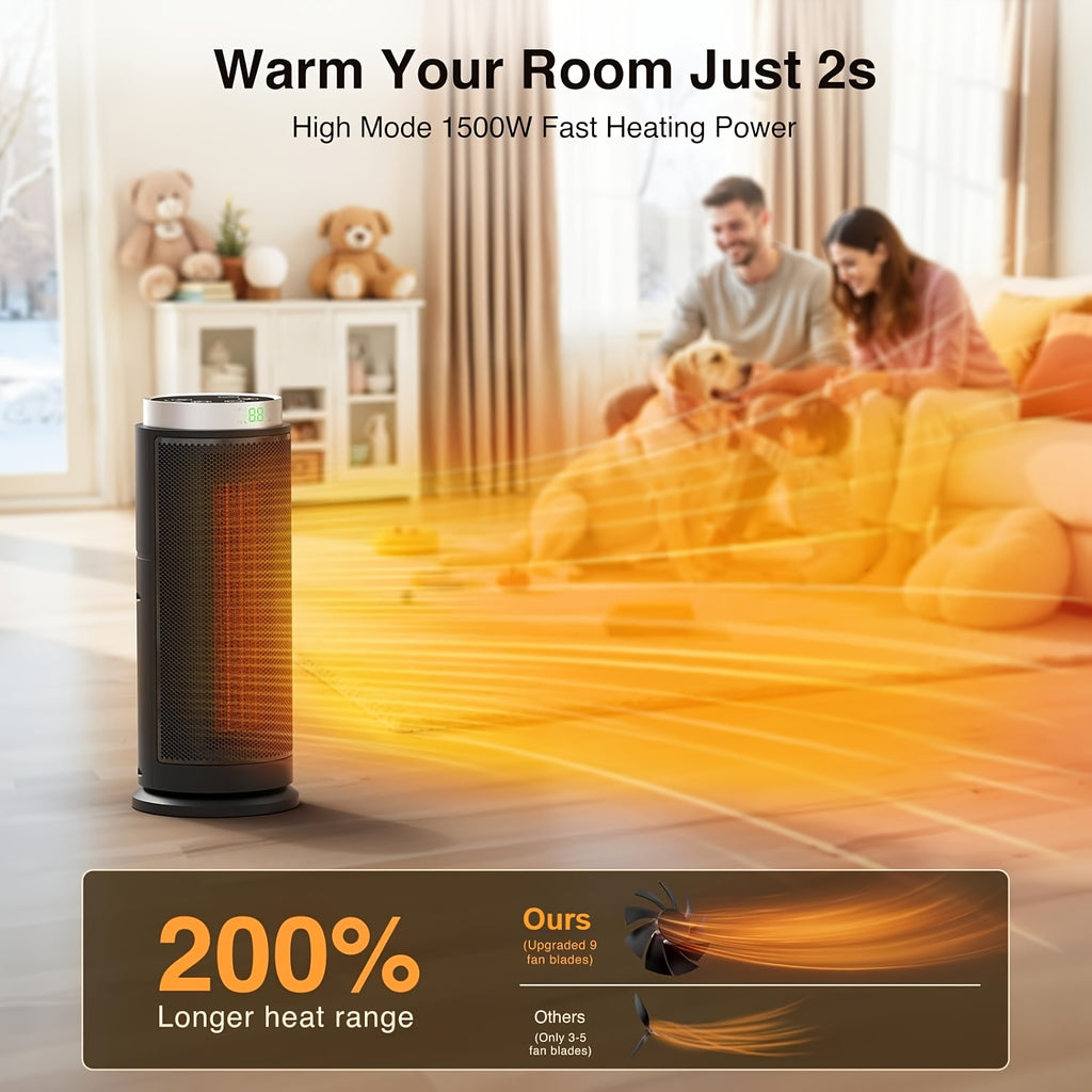 Space Heater Portable Ceramic Indoor with Thermostat 24H Timer 2-Second Fast Heat LED Display Rotary Switch HD 15-Inch Options Heating Fan Mode Home Office Dorm Room Small Heater
