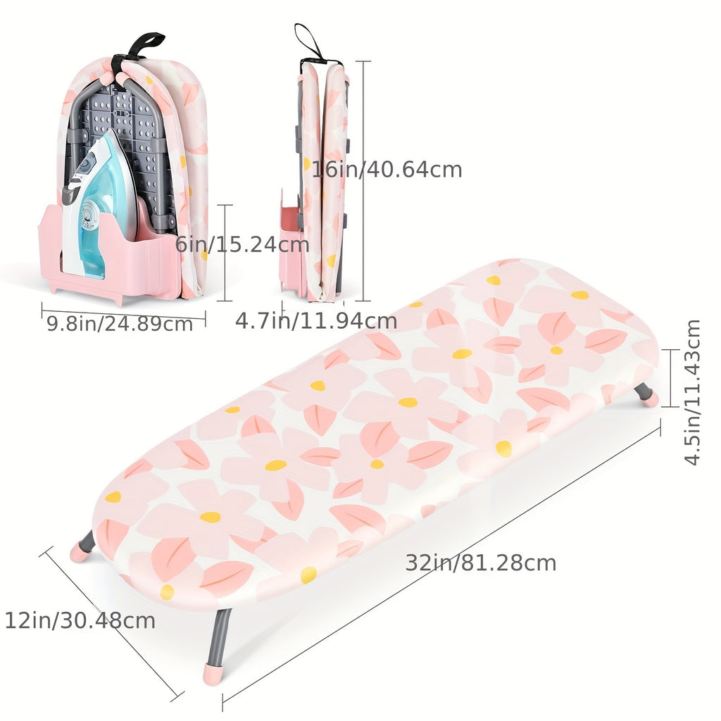Tabletop Ironing Board with Iron Holder & Non-Slip Feet, Compact Portable Ironing Board with Heat-Resistant Cover for Small Spaces, Dorms and Travel, Space-Saving Design, Pink