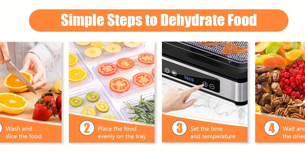 Food Dehydrator Machine 5 Stainless Steel Trays 420W 48H Timer 95-160F Temp Control for Jerky Herbs Meat Fruit with Recipe Book