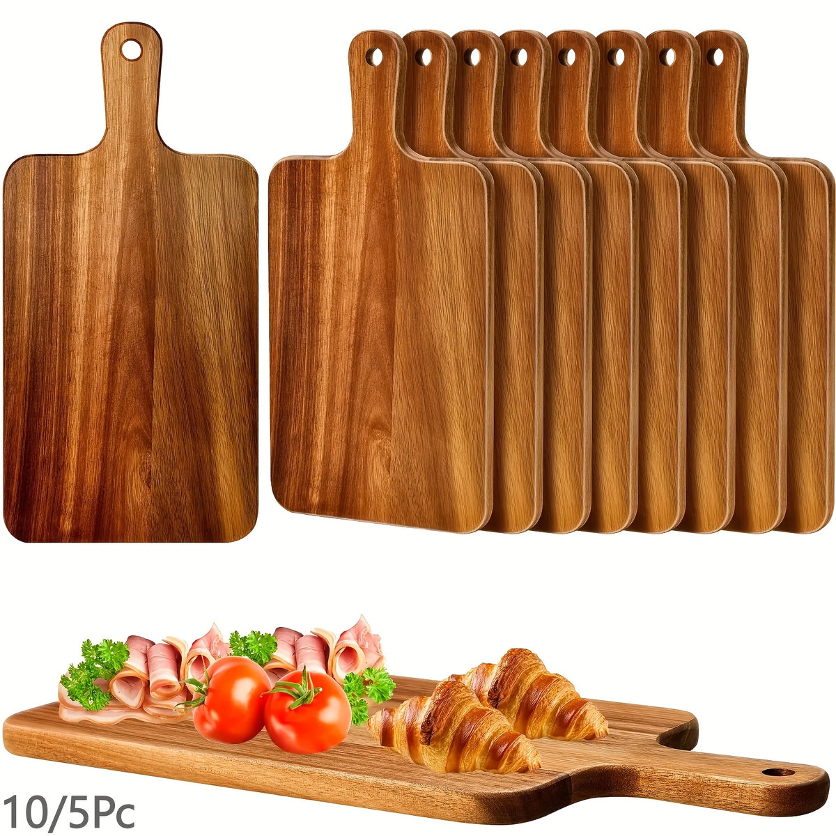 5 or 10-Pack Wood Cutting Boards with Handle – 15.7" x 7.8" Bamboo or Acacia Chopping Boards for Vegetables, Meat & Cheese – Durable Kitchen Food Prep Boards for Home Chefs