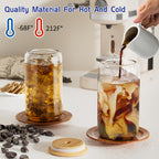 Glass Cup Set with Bamboo Lids & Glass Straws – American Style Drinking Glasses for Coffee, Water & Parties | 4/8/12/16-Piece | 2 Cleaning Brushes Included