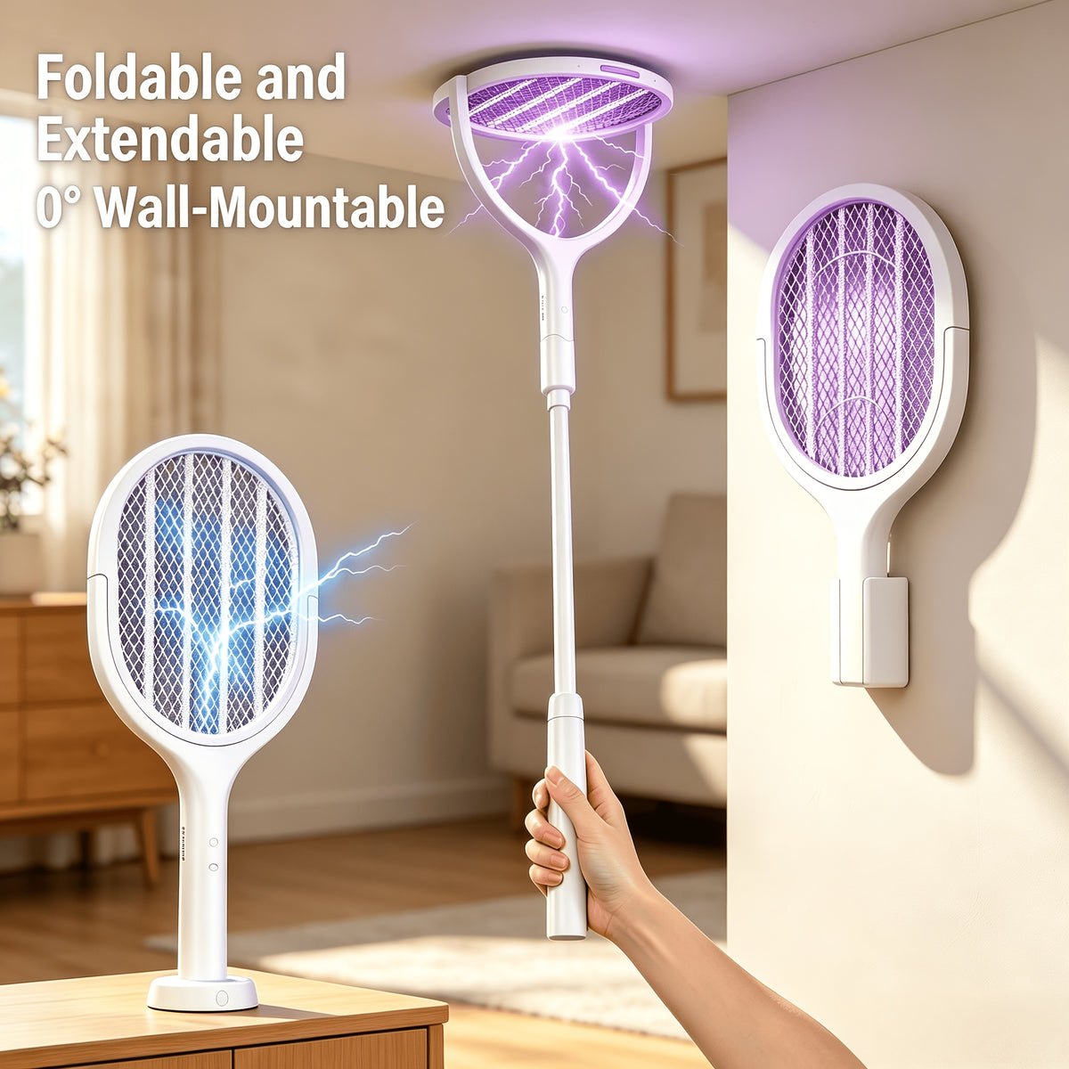 6-in-1 Electric Mosquito Swatter Bug Zapper Racket USB Rechargeable Telescopic Pole 90° Rotating Grid Wall Mount 3-Layer Safety Net UV Light for Indoor Outdoor Camping Patio