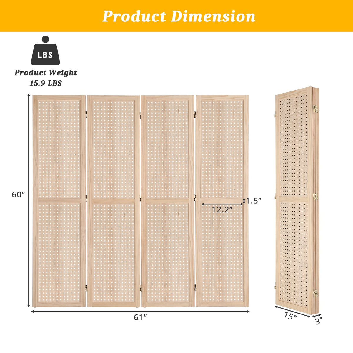 5 FT Freestanding Pegboard Room Divider | Wood Folding Privacy Screen & Display Board Organizer with Support Feet – White, Black, Natural, Grey | Craft Shows, Retail & Home