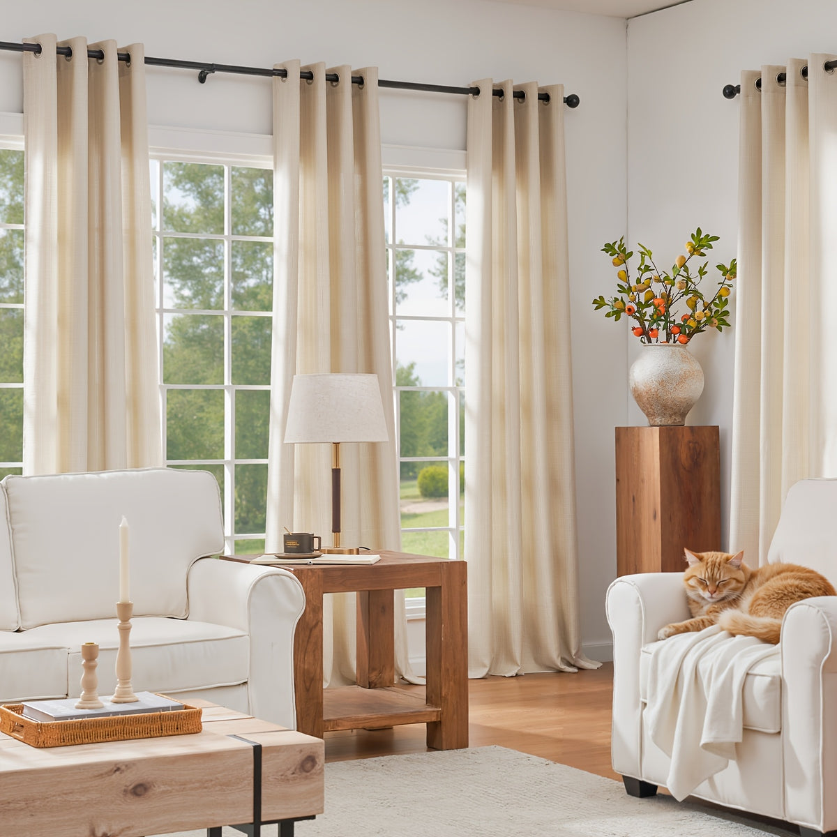 100% Blackout Curtains - 4 Panel Set, Boho Rustic Textured Grommet Drapes for Living Room & Bedroom, Privacy & Room Darkening, 4 Colors