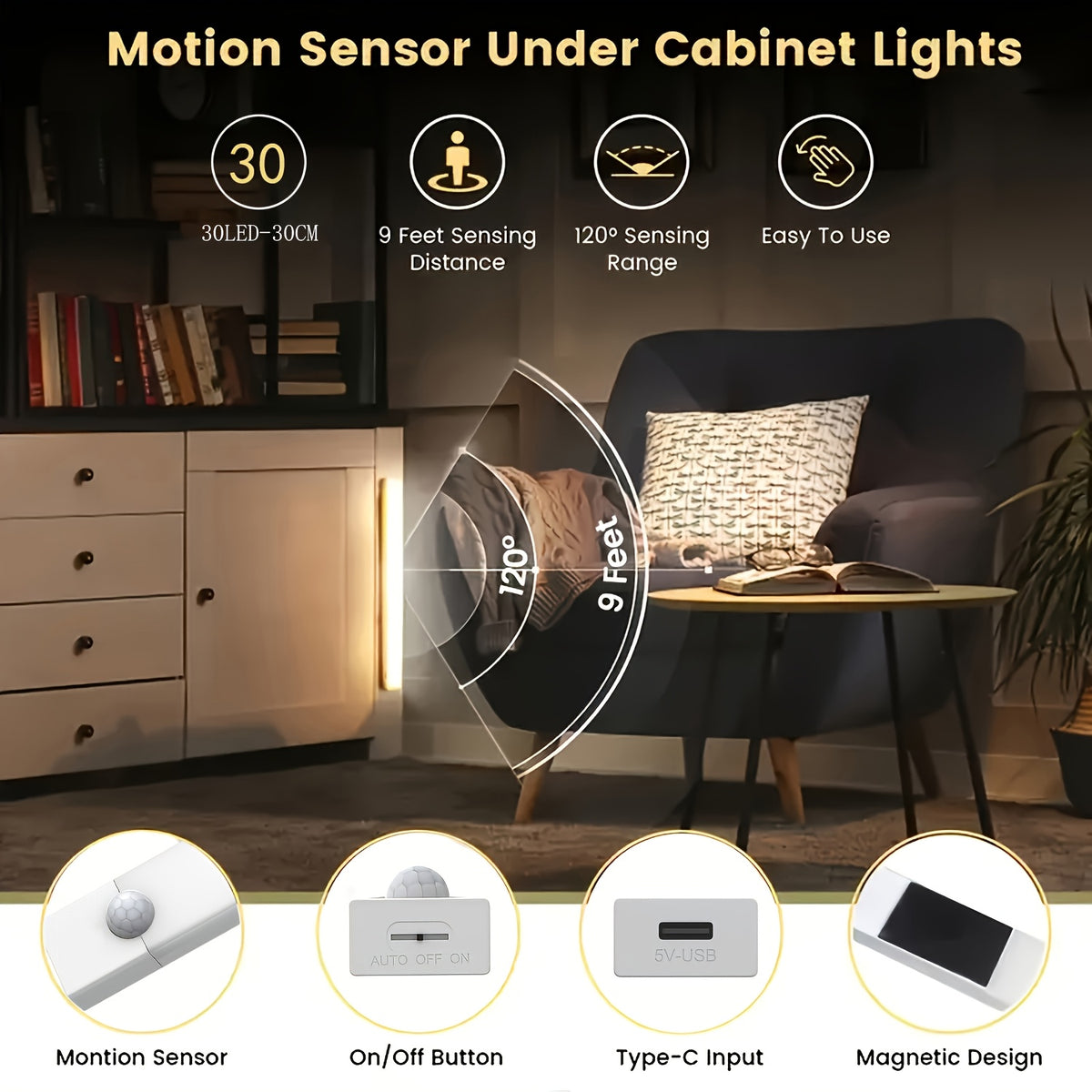 LED Motion Sensor Cabinet Lights 6-Pack, USB Rechargeable Magnetic Indoor Night Light Strips for Stairs, Shelves & Closets – 3.94in / 7.87in / 11.81in