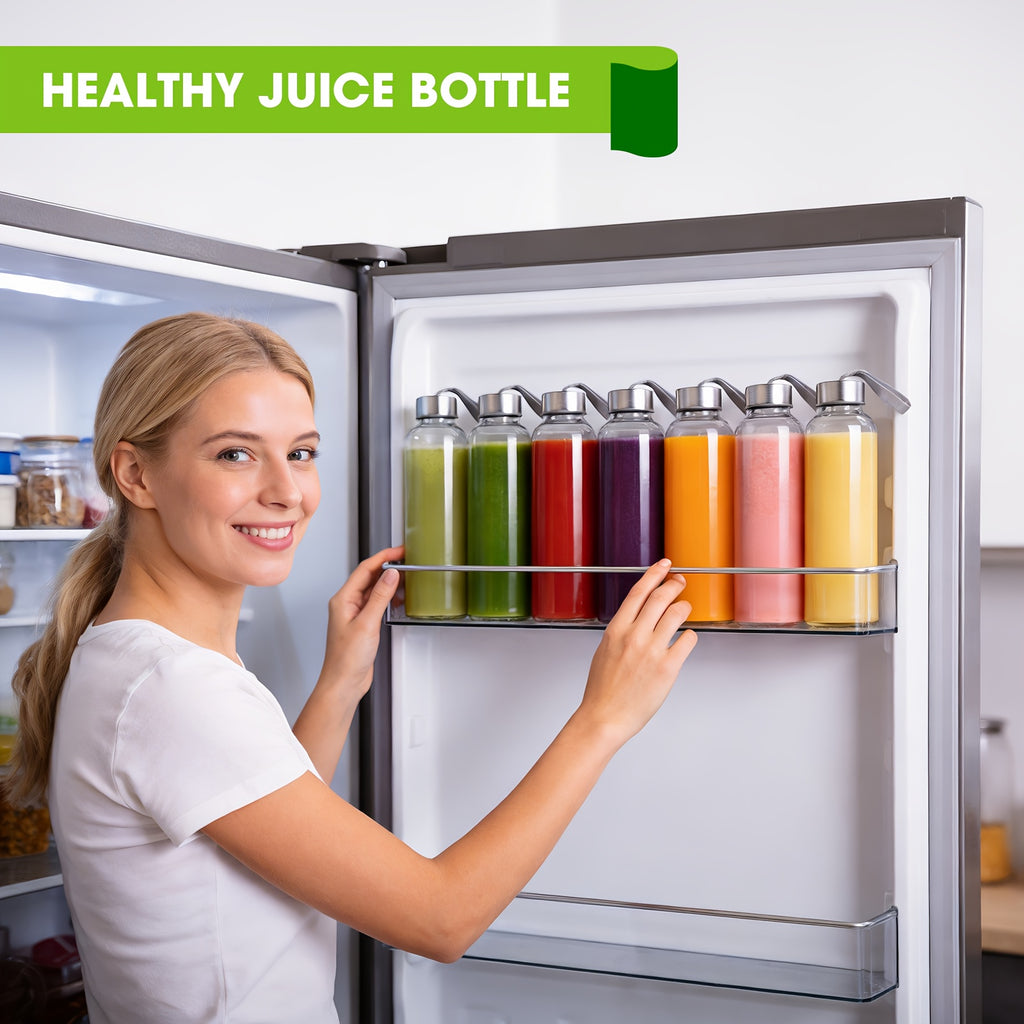 18oz Glass Juice Bottles with Stainless Steel Lid – Leakproof Reusable Clear Bottles for Juice, Beverage, Fridge & Travel | 6-Pack & 8-Pack