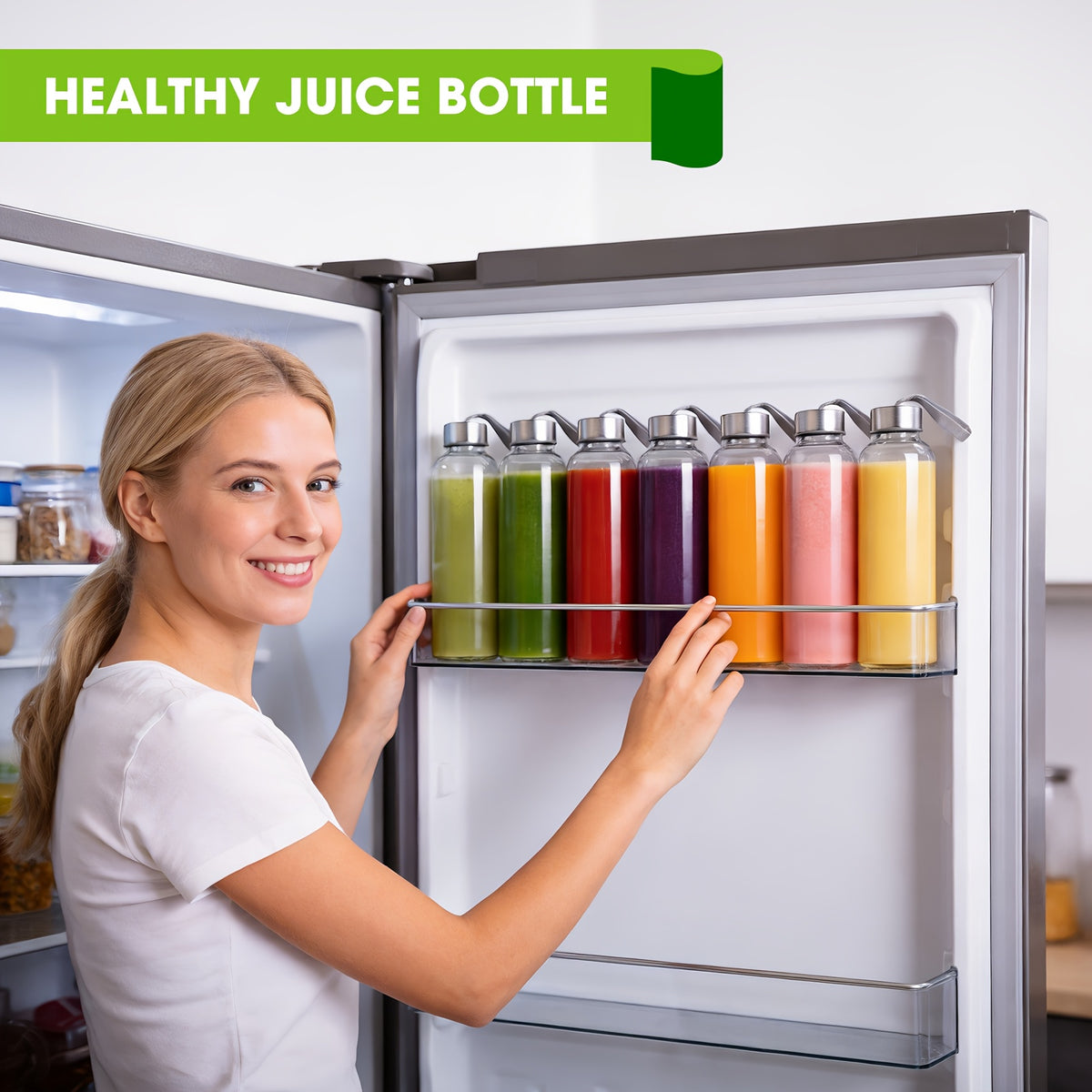 18oz Glass Juice Bottles with Stainless Steel Lid – Leakproof Reusable Clear Bottles for Juice, Beverage, Fridge & Travel | 6-Pack & 8-Pack