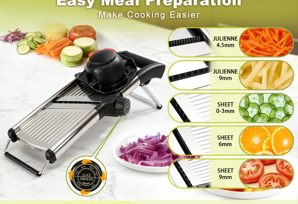 Adjustable Mandoline Slicer with 5 Thickness Settings – Stainless Steel Vegetable Slicer & Grater for Onion, Potato, Carrot, Cheese & Fruit – Professional Kitchen Tool, Optional Cut-Resistant Gloves