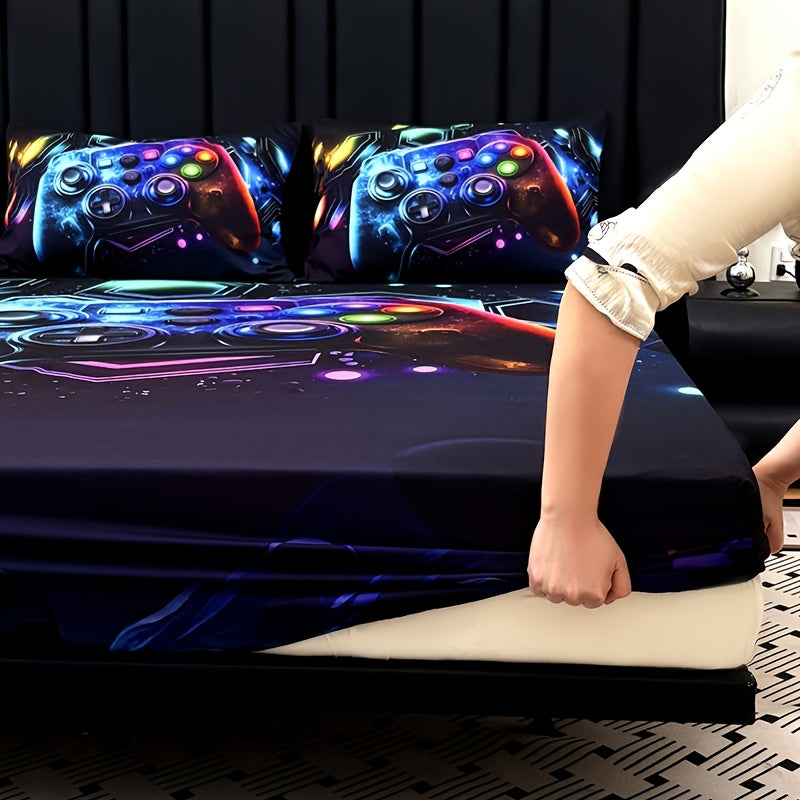 Gamepad Bed Sheet Set 3 Piece – Sports & Leisure Video Game Print Flat Sheet with 2 Pillowcases, Deep Pocket 15" Mattress Fit, High Definition Print Bedroom Decor Gift for Boys and Girls