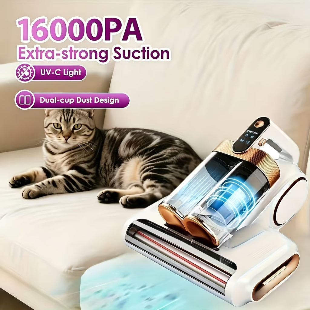 UV Mattress Vacuum Cleaner 16KPa Wireless with 253.7nm Ultraviolet Light – 80,000 RPM Wave Anti-Mite Technology, 3-Minute Fast Charging, Double-Cup Handheld for Pillows, Baby Beds & Sofas