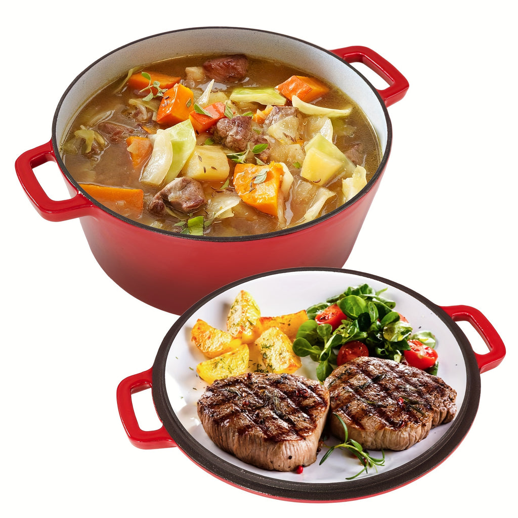 6 Quart 2-in-1 Enameled Cast Iron Dutch Oven and Casserole Nonstick Oven Safe 500°F Dual Handles All Stovetops Bread Baking Cooking Stewing