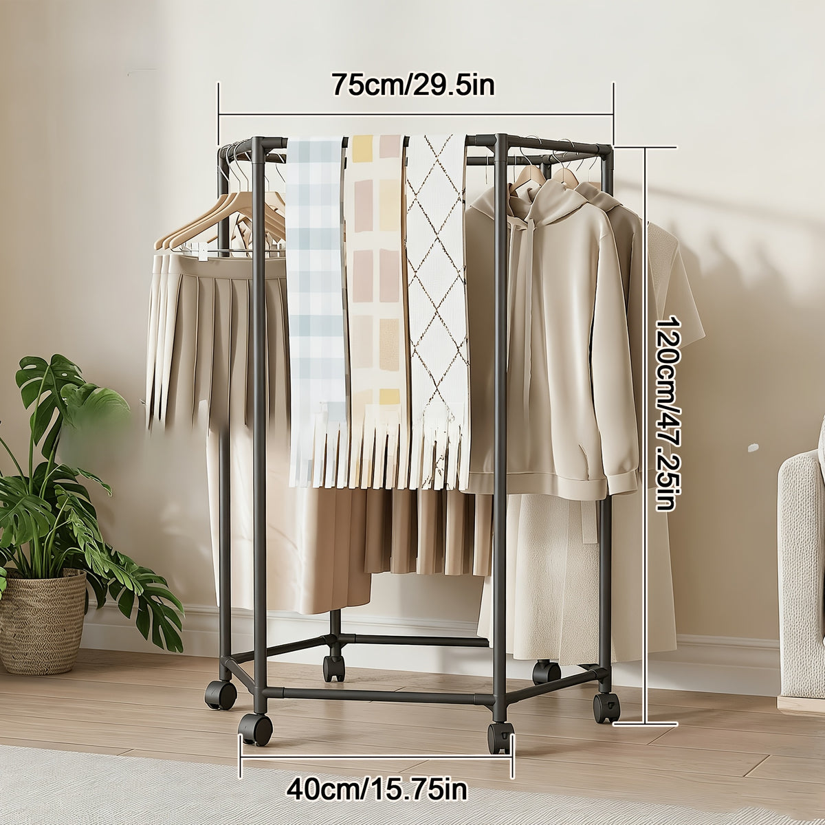 Hexagonal Rotating Clothes Rack with Wheels Large Capacity Freestanding Garment Rack for Bedroom Closet Entryway