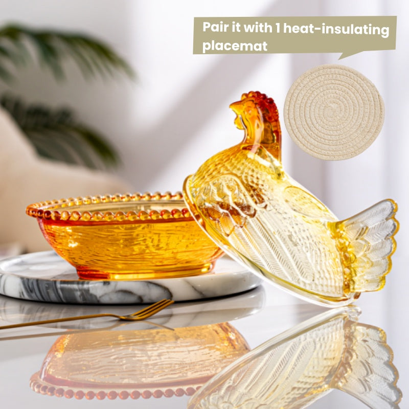 Chicken Shaped Crystal Glass Storage Jar with Lid & Placemat – Candy Colored Decorative Dish for Candy, Snacks, Jewelry & Desktop Decor