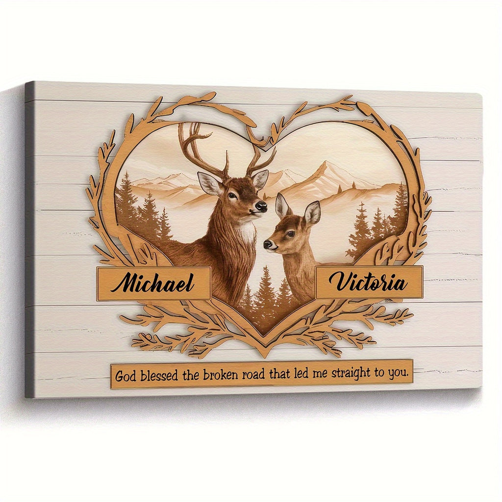 Personalized Couples Canvas Wall Art - Custom Deer & Mountains 2D Flat Print with Two Names, Romantic Gift for Couples, Anniversary Wedding Bedroom Decor