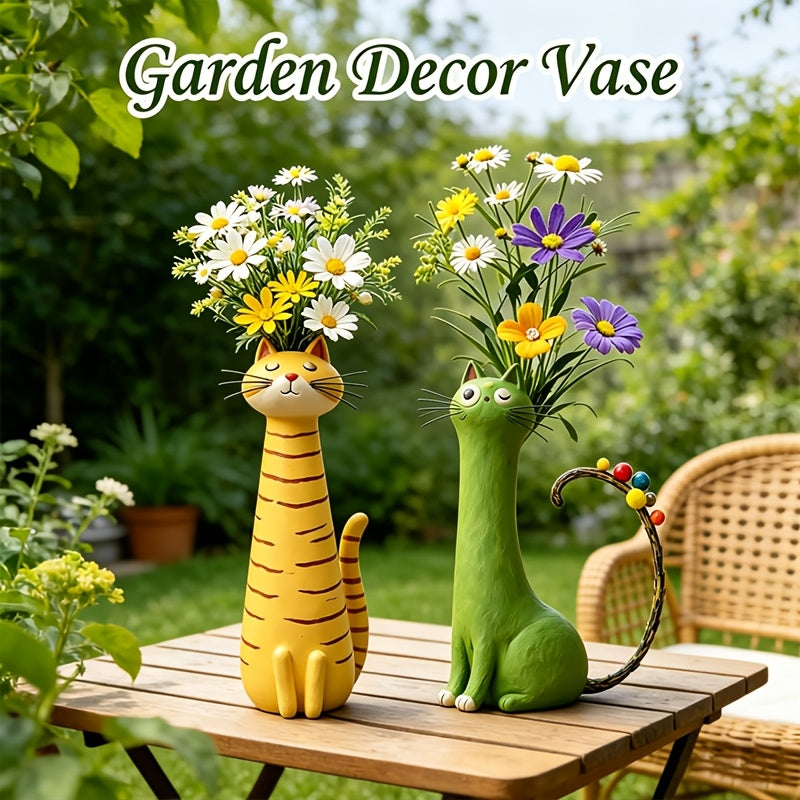 Bohemian Cat Shaped Vase & Flower Pot – Retro Style Plastic Animal Planter, Desktop Shelf Decor & Unique Gift for Cat Lovers, Room Centerpiece & Plant Holder