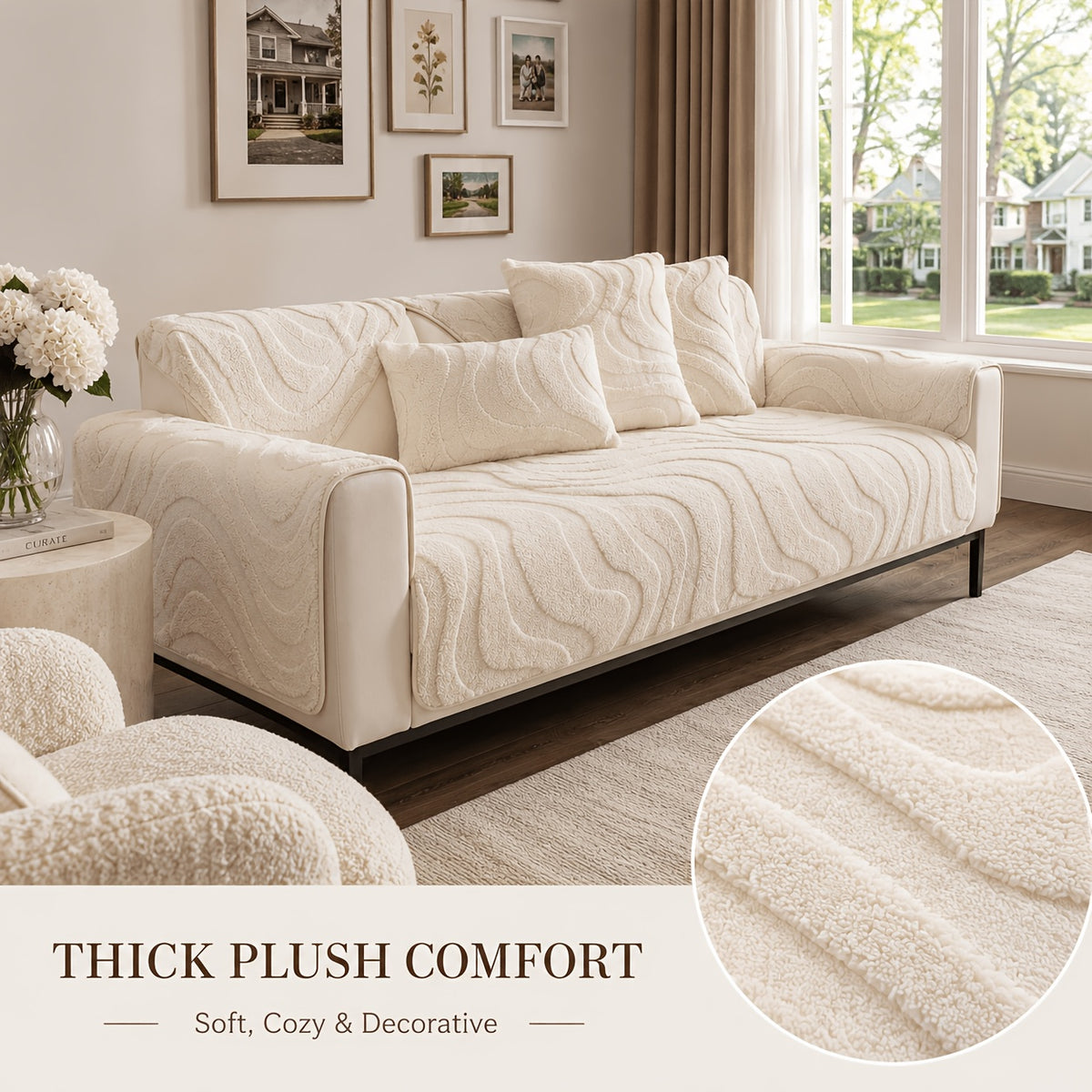 Thickened Honeycomb Velvet Sofa Seat Cover – Solid Color Minimalist Non-Slip Pet-Friendly Cushion Pad | Washable Couch Protector for Living Room, Bedroom & Office | 1-5 Seater + Armrest & Pillow Options