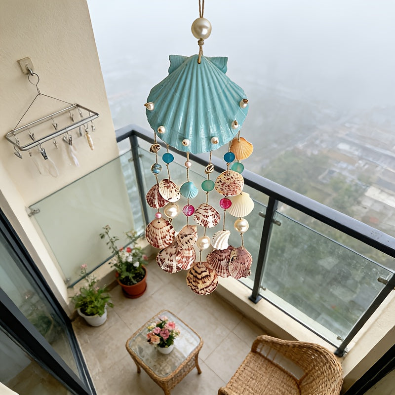 Seashell Wind Chime Coastal Beach Scallop Shell Pearl and Glass Beads Ocean Themed Zen Garden Decoration for Indoor Outdoor Porch Patio Boho Decor