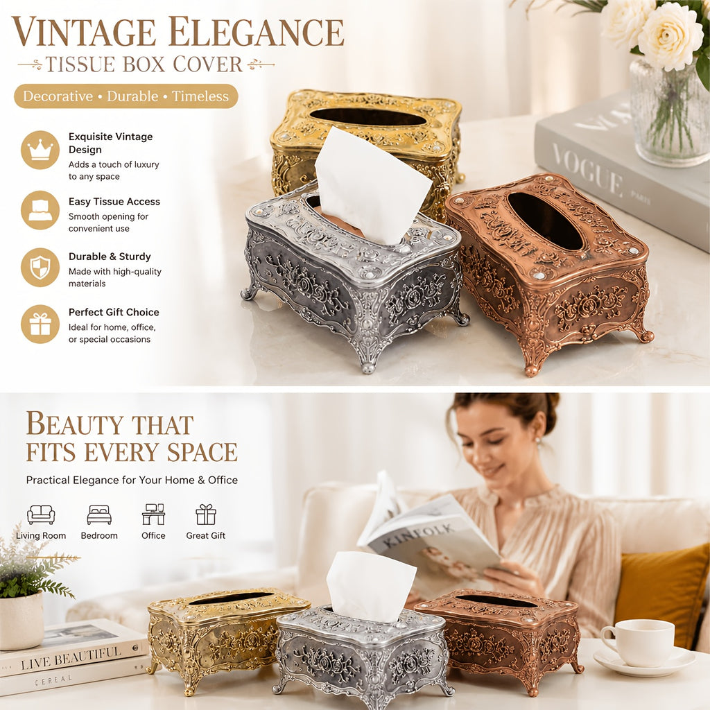 European Retro Luxury Tissue Box Cover | Decorative Antique-Style Facial Tissue Holder for Living Room, Bathroom & Restaurant | Antique Gold, Silver or Vintage Red