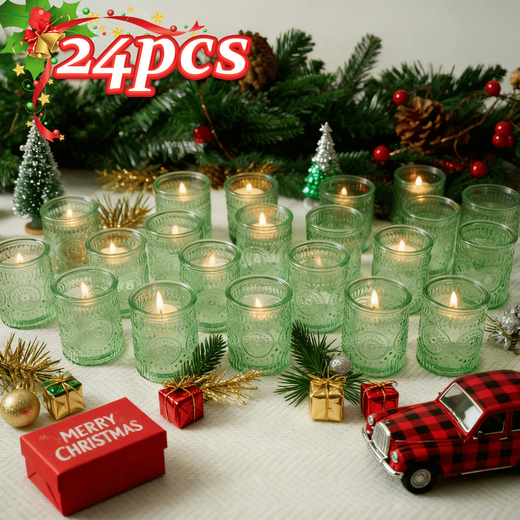 Glass Votive Candle Holders Bulk Set 6/12/24pcs – Shimmering Multi-Hued Hurricane Glass for Wedding, Christmas, Thanksgiving, Valentine’s Day & Holiday Party Tabletop Decor