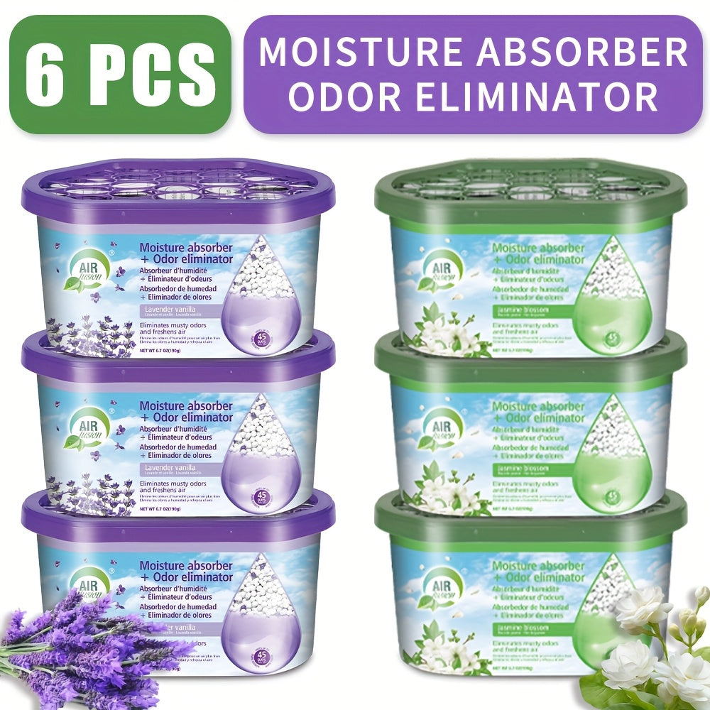 Dehumidifier Boxes 6-Pack Scented Moisture Absorber & Odor Eliminator – No Electricity, Compact PVC, 4 Scents for Closet, Bathroom, Bedroom, RV & Boat (Lavender, Fresh Linen, Jasmine, Bamboo Charcoal)