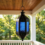 Moroccan Hanging Candle Lantern with Chain – Vintage Boho Style Iron & Glass Tealight Holder for Home, Patio, Garden, Wedding & Ramadan Decor (23.5" Overall)