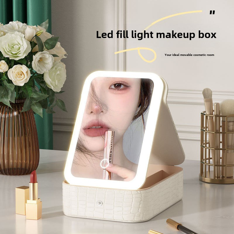 Lighted Makeup Storage Box with Rechargeable LED | Large Capacity Portable Cosmetics Organizer Case | Luxury Vanity Gift for Women | Beige