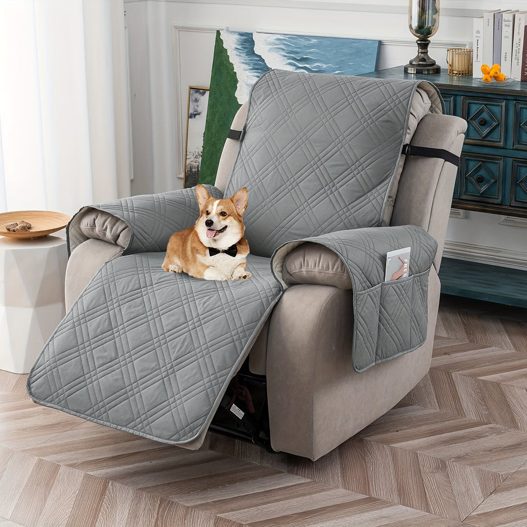 Waterproof Recliner Cover Pet Scratch-Resistant, 5-Layer Quilted Non-Slip Recliner Chair Slipcover with Pocket & Elastic Straps, Easy-Care Polyester Furniture Protector for Living Room, Bedroom & Office, Coffee/Gray