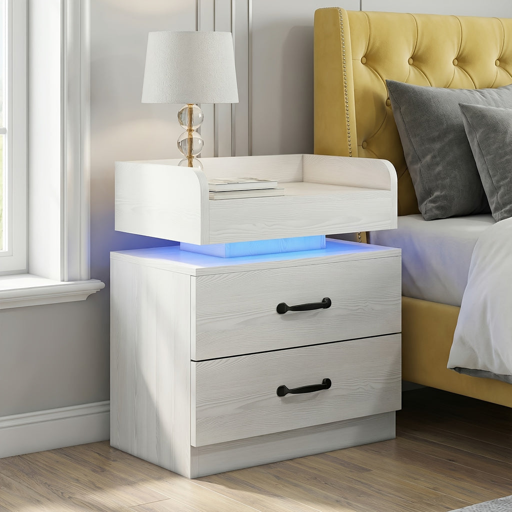 Nightstand with Charging Station LED Lights and 2 Drawers Bedside Table for Bedroom Living Room White Black Grey 1pc or 2pcs Set
