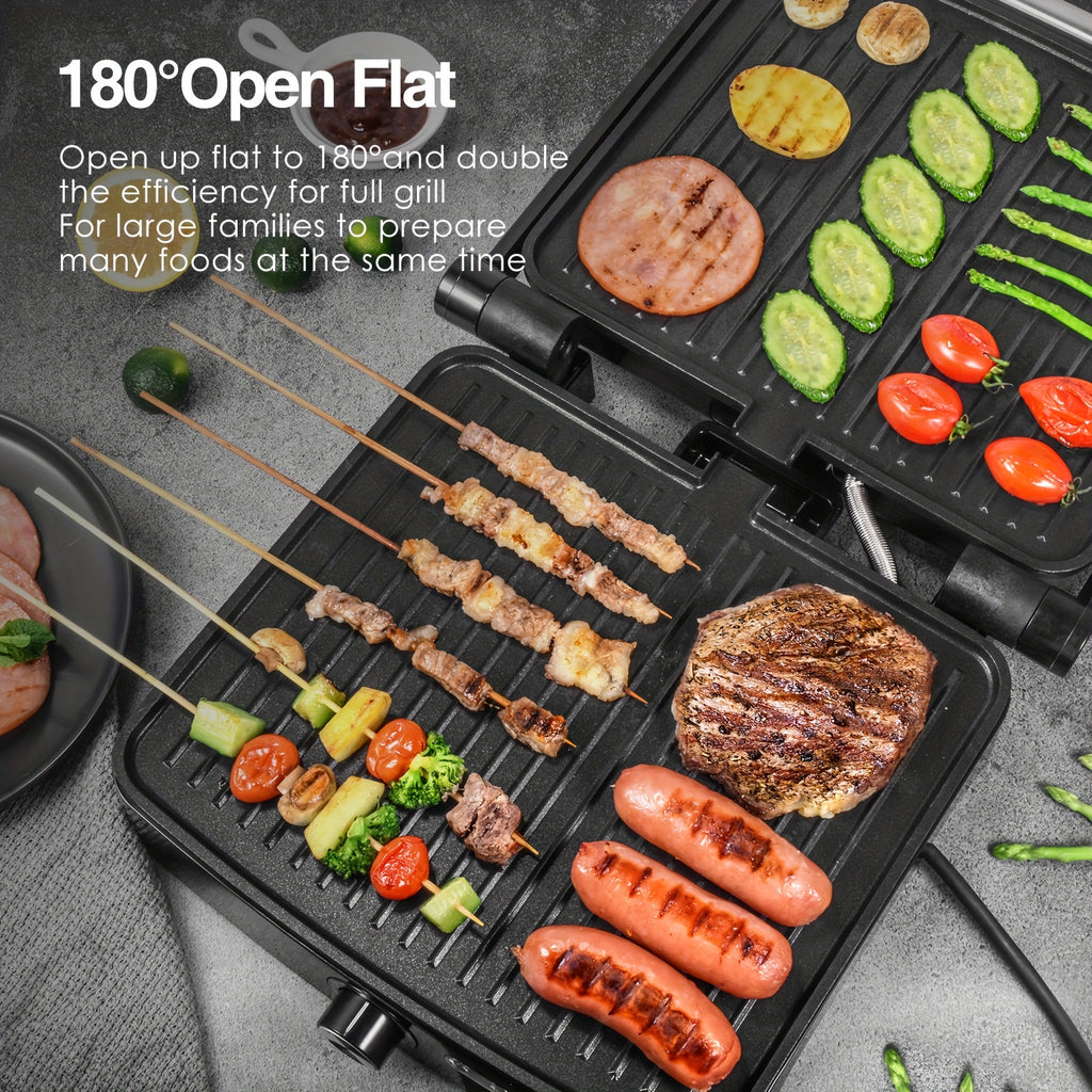 1200W Panini Press & Sandwich Maker 4-Slice Non-Stick Grill, 180° Flat Open, Adjustable Temp 120–428°F, Removable Drip Tray, LED Indicator, Cool-Touch Handle