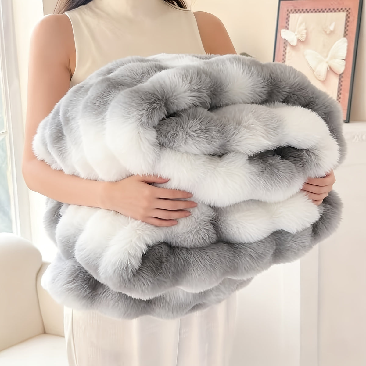 Luxury Faux Rabbit Fur Throw Blanket – Super Soft Plush Warm Blanket for Couch Bed Office Travel, 4 Colors, Throw Twin Queen King, All-Season Gift
