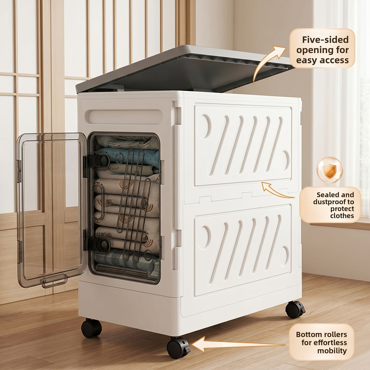 Oversized Clamshell Storage Box with Wheels 32 & 18 Gallon Large Capacity Folding Storage Cabinet Wardrobe Organizer for Clothing Bedding – Rolling Portable Closet Storage Bin with Universal Wheels