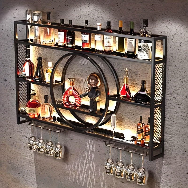Wall Mounted Wine Bottle Rack with LED Lighting 3-Tier Floating Iron Shelf with Glass Holder for Kitchen Living Room Bar Golden Black 39-55 Inch