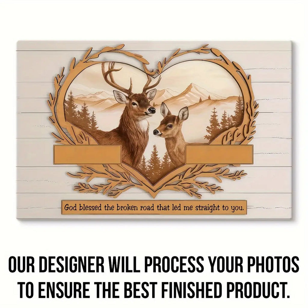 Personalized Couples Canvas Wall Art - Custom Deer & Mountains 2D Flat Print with Two Names, Romantic Gift for Couples, Anniversary Wedding Bedroom Decor