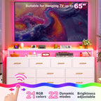 55" Wide Dresser for Bedroom with 10 Drawers, LED Lights & Power Outlets – Long Storage Chest, TV Stand up to 65", Metal Frame + Wood Top, Built-in Charging Station, Tiger Print / Black Wood Grain