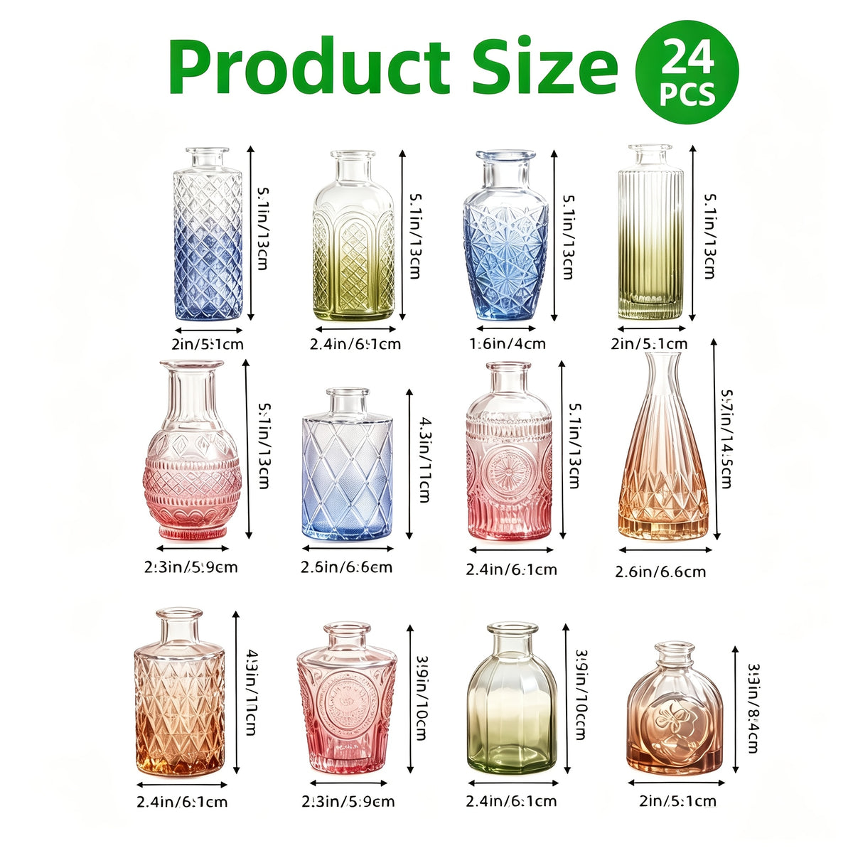 Mini Glass Bud Vase Set of 12 – Multicolor Gradient Relief Design, Vintage Flower Vases for Centerpieces, Wedding Table Decor, Home Party & Event Floral Arrangements