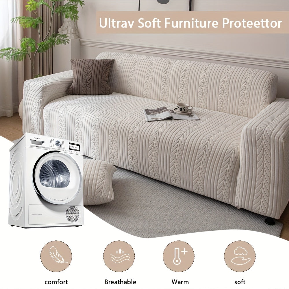 Striped Stretch Sofa Cover 1pc – Washable Non-Slip Scratch-Resistant All-Season Sofa Slipcover for 1 2 3 4 Seater, White Sawtooth Textured Fabric Couch Protector for Living Room Home Decor