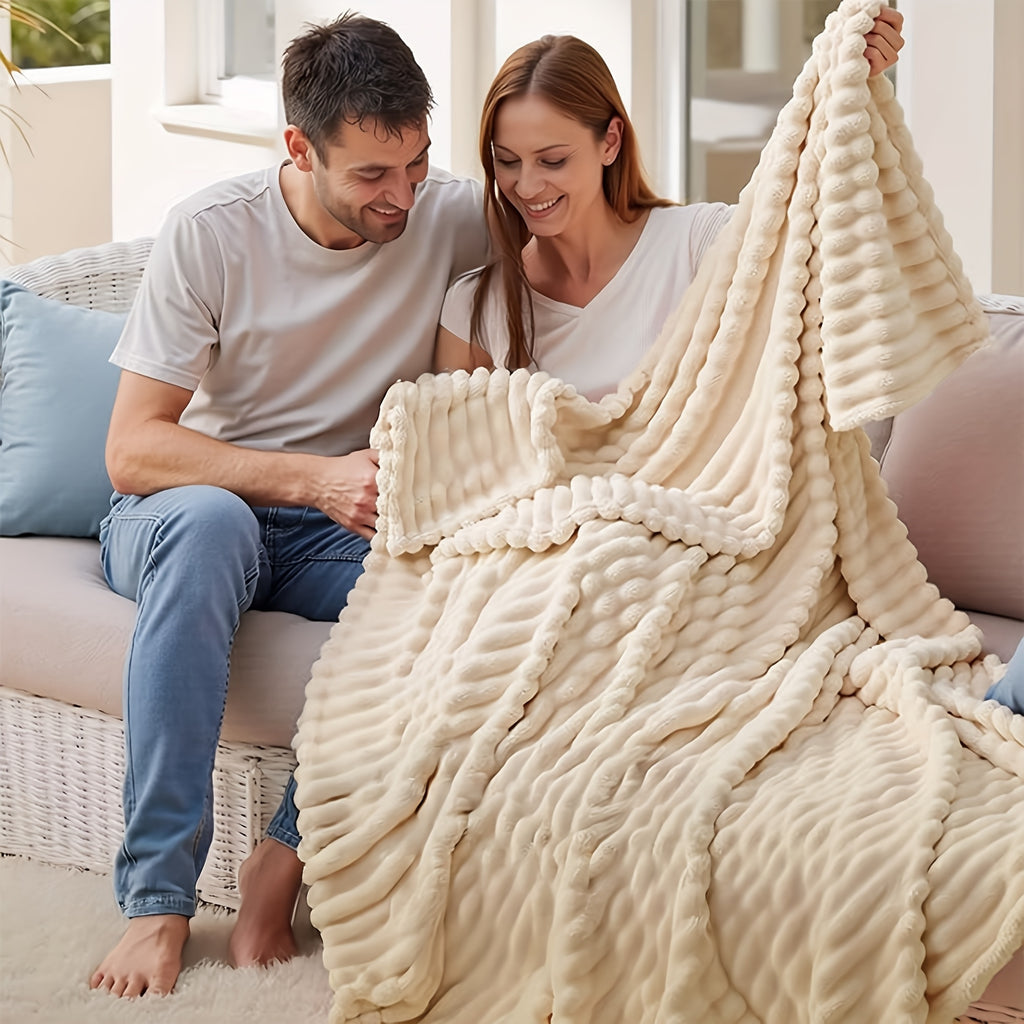 Faux Rabbit Fur Throw Blanket Ultra Soft Fluffy Striped Plush Blanket for Couch Bed Sofa Luxury Warm Winter Blanket Pink Light Brown