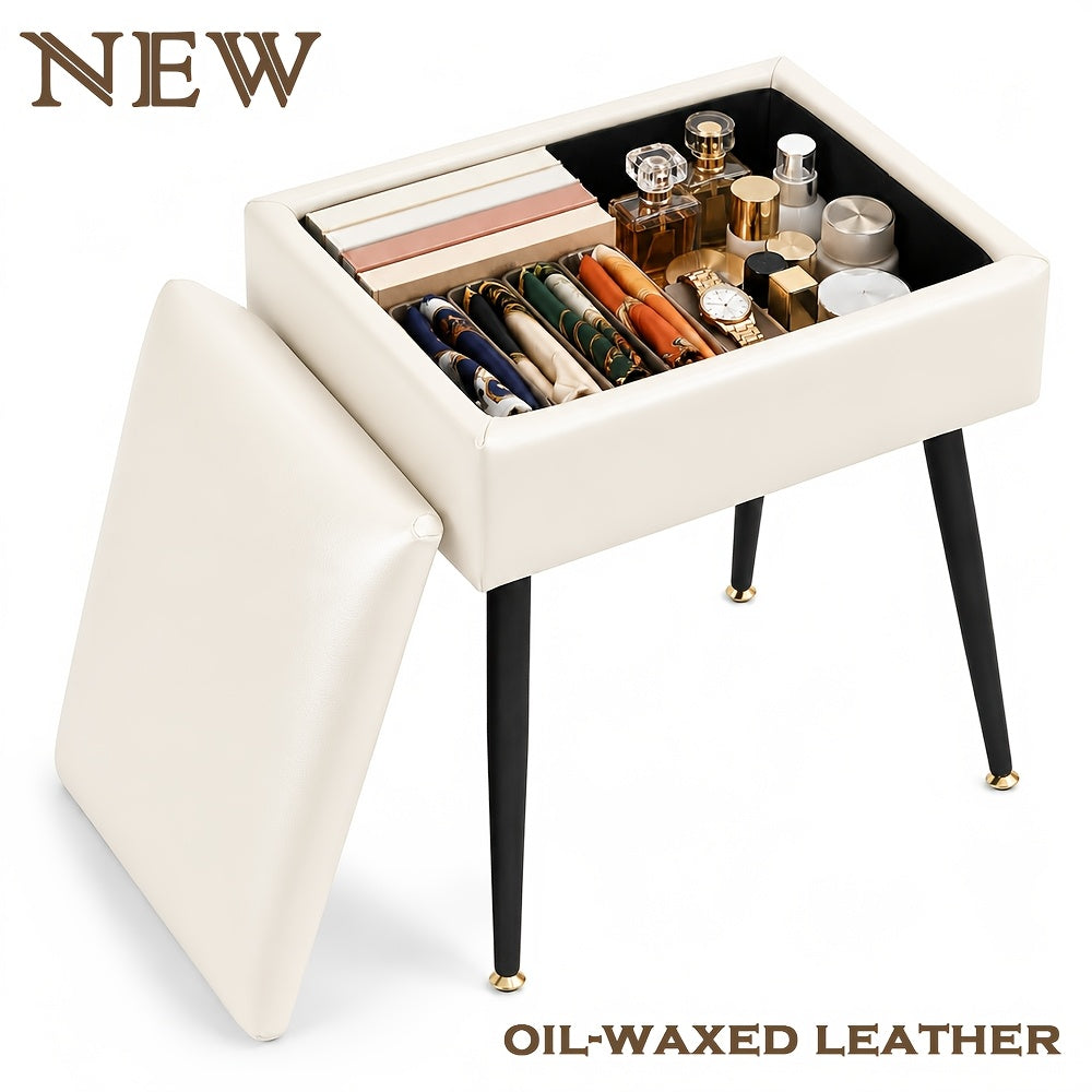 Vanity Chair with Storage PU Leather Makeup Stool Shoe Changing Ottoman Dual Purpose Seat 4 Gold Metal Legs Bedroom Living Room Study Cream White Black Pink Purple