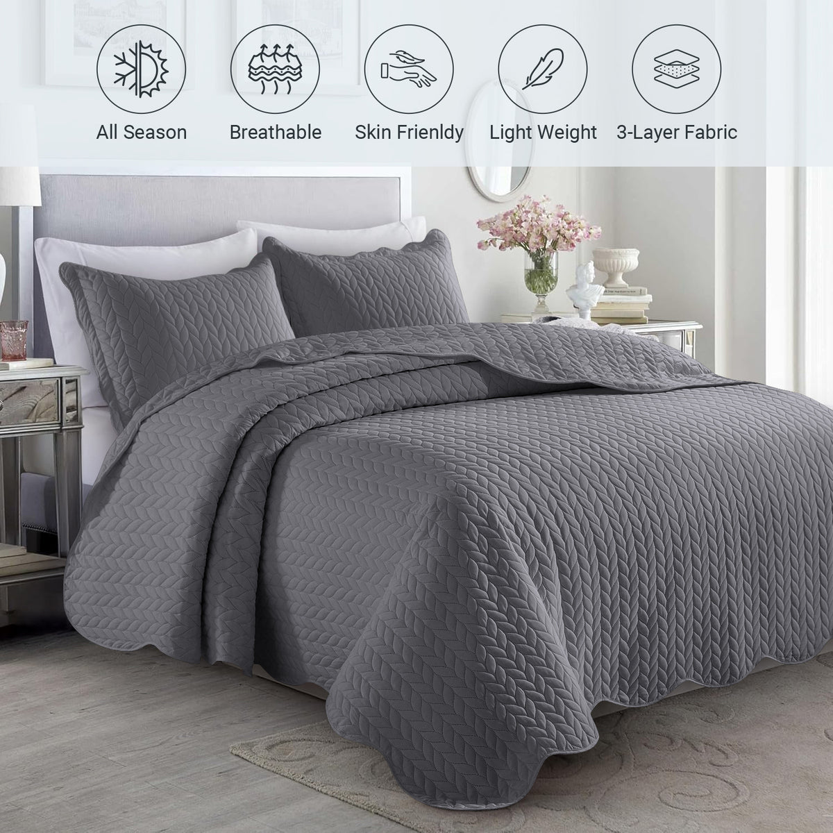 Microfiber Quilt Bedspread Set All Season Lightweight – Soft Breathable Quilted Coverlet Twin Full Queen King 16 Colors Machine Washable