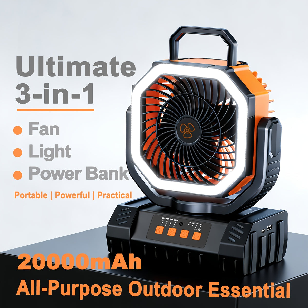 3-in-1 Camping Fan with LED Light & 20000mAh Power Bank Portable Rechargeable Fan 4 Speed Settings Multi-Angle Rotation for Hiking Tent Office & Outdoor Use
