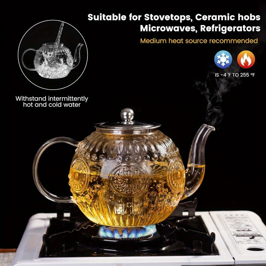 Vintage Glass Teapot with Removable Infuser 50oz 1500ml Stovetop Safe Borosilicate Tea Kettle for Blooming Loose Leaf Herbal Tea Sunflower Relief Design