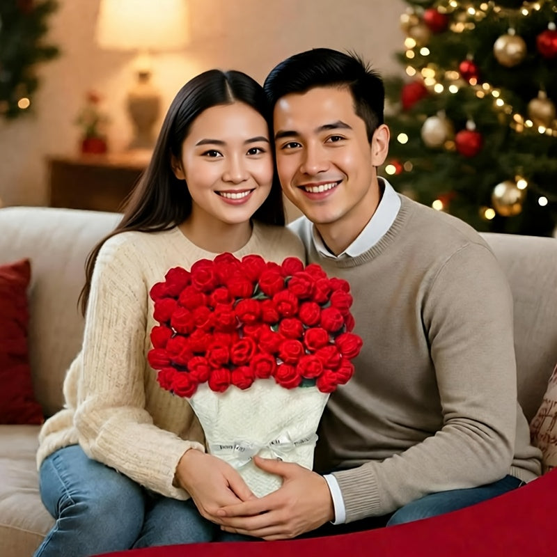 Rose Bouquet Blanket – 31.5inch 52-Flower Soft Throw with Gift Bag, 4 Colors, Romantic Gift for Valentine's Day Birthday Wedding