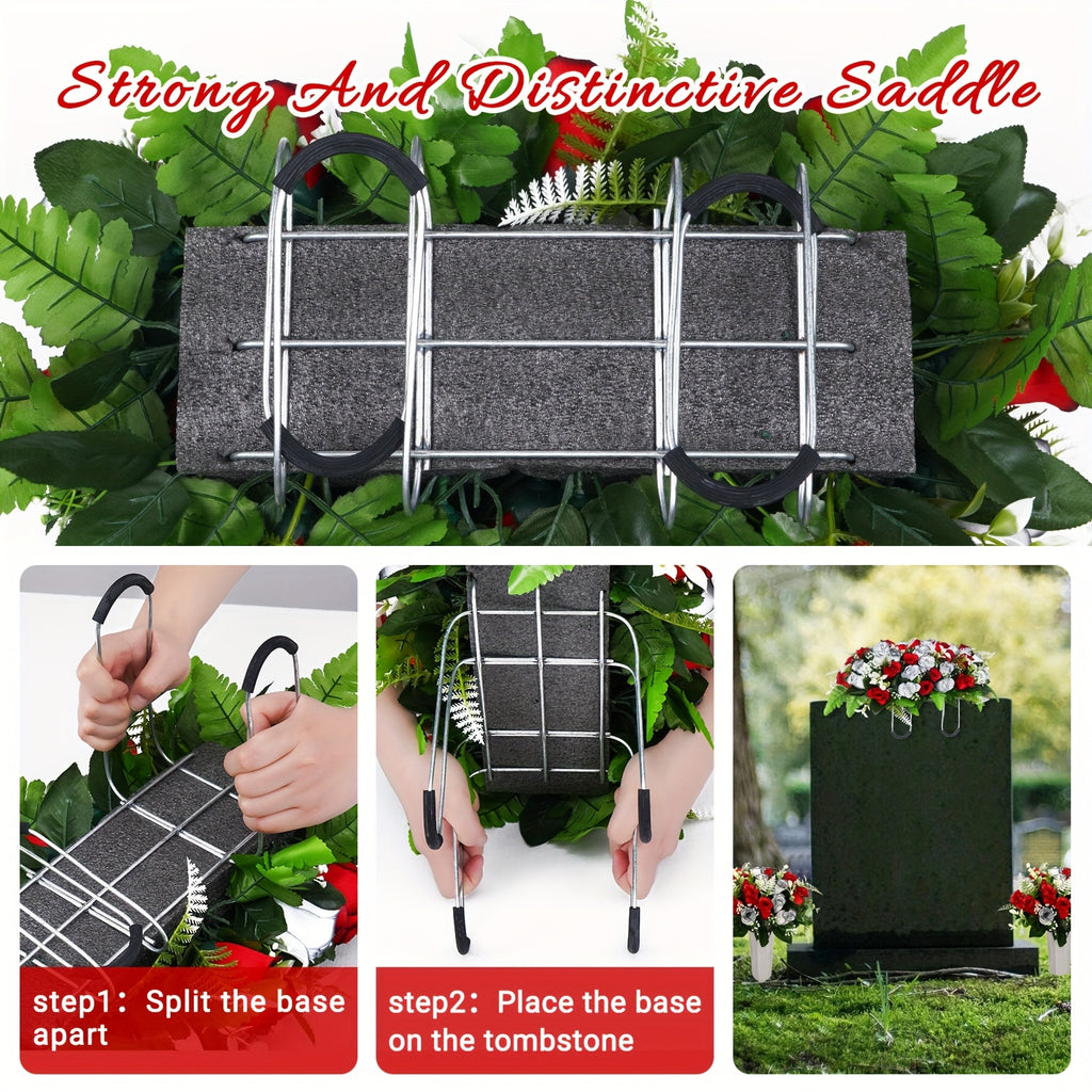 Artificial Cemetery Flowers for Grave with Saddles Silky Rose Bouquets with Vases Headstone Flower Saddle Memorial Day Outdoor Grave Headstone Decoration
