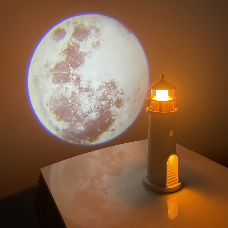 Moon Lighthouse Night Light with Projector & Motion Sensor, USB Rechargeable or Plug-In Moonlight Lamp with Auto-On Body Sensor, Decorative Bedroom Night Light & Unique Home Decor Gift