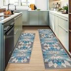 Runner Rug for Hallway Entryway Staircase - Floral European Lotus Pattern, Anti-Slip Machine Washable Long Corridor Mat, 3 Sizes, Teal Grey