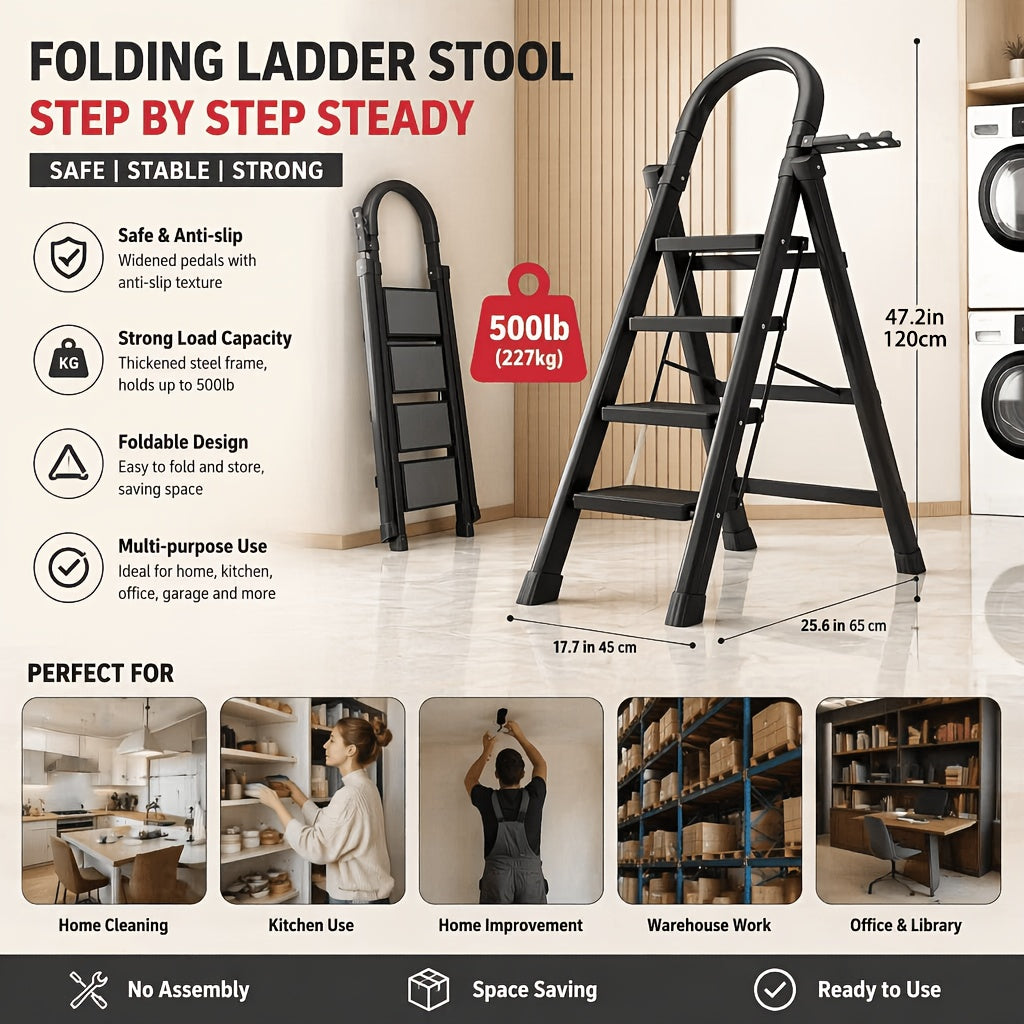 Heavy-Duty Folding Step Ladder 2 3 4 5 Step 500 Lbs Capacity Non-Slip Lightweight Portable Plastic Stepladder for Home and Industrial Use