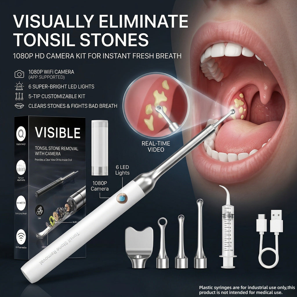 Tonsil Stone Remover with 1080P HD Camera - Visual Removal Kit 6 LED Lights 5 Stainless Tips USB Rechargeable iOS Android App Oral Care Tool